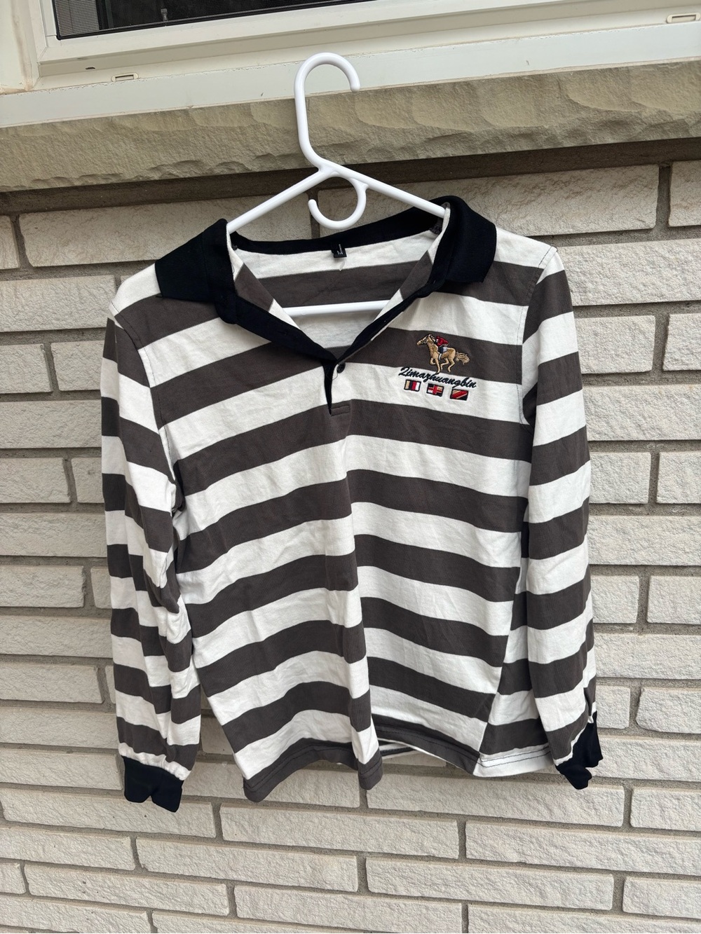 Striped Rugby Polo Long Sleeve Embroidered Horse Size M